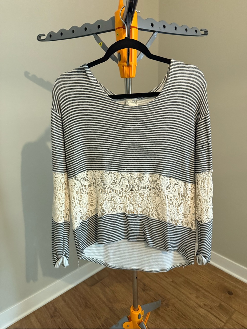 Blu Pepper Black & White Striped Long-Sleeve Top with Cream Lace Panel